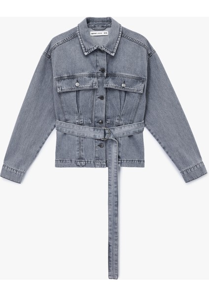 Pamuklu Cep Detaylı Uzun Kollu Klasik Yaka Kemerli Denim Ceket