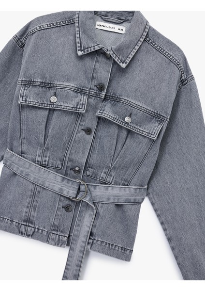 Pamuklu Cep Detaylı Uzun Kollu Klasik Yaka Kemerli Denim Ceket modelleri