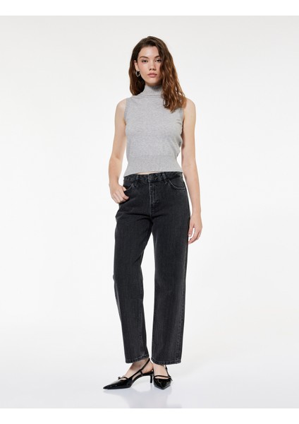 Normal Bel Düz Paça Pamuklu Taşlı Jean Pantolon - Straight Jeans