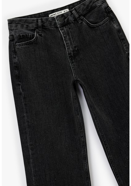 Normal Bel Düz Paça Pamuklu Taşlı Jean Pantolon - Straight Jeans
