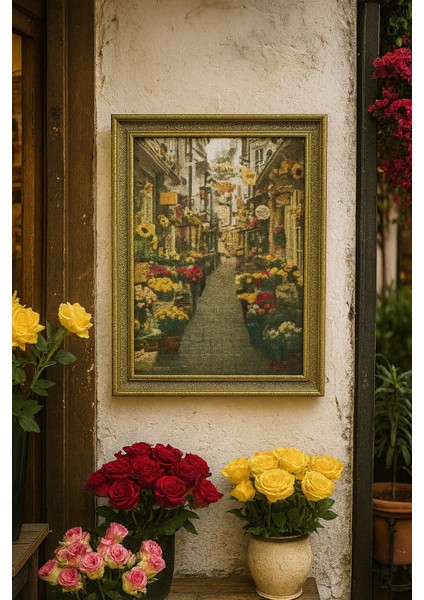 Flower Street – Çiçekli Avrupa Sokağı Duvar Tablosu (Çerçeveli)