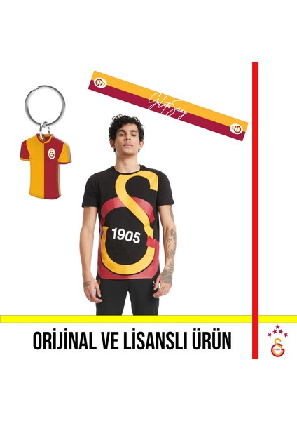 Lisanslı Siyah Büyük Logolu T-Shirt Hediye Forma Anahtarlık ve Yazılı Atkı