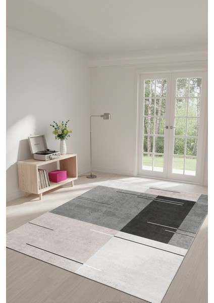 Çizgilerle Düşün, Karelerle Hisset Katmanlı Gri Desenli Kaymaz Taban Halı