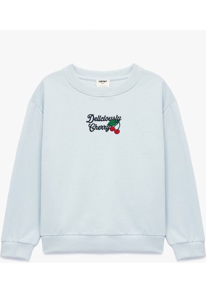 Nakışlı Uzun Kollu Bisiklet Yaka Pamuklu Sweatshirt