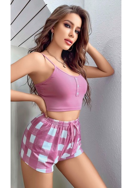 Zengezur Kadın Pembe Kareli Desenli Askılı Şortlu Pijama Takım 5003 fiyatları