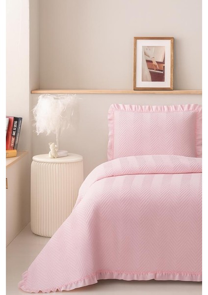 Dubai Elyaf Dolgulu Tek Kişilik 180X240 cm Yatak Örtüsü Pudra