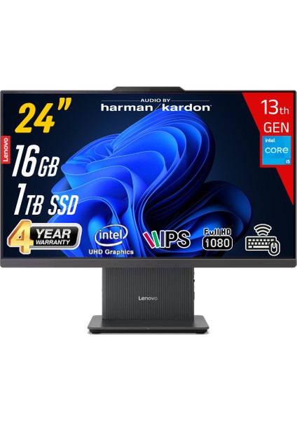 Ideacentre Aıo 24IRH9 Intel Core I5-13420H 16 GB Ram 1 Tb SSD Intel UHD Graphics 23.8 Fhd IPS Freedos Kablosuz Klavye+Mouse Siyah All In One Bilgisayar
