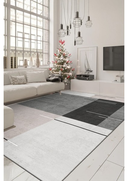 Çizgilerle Düşün, Karelerle Hisset Katmanlı Gri Desenli Kaymaz Taban Halı fiyatları