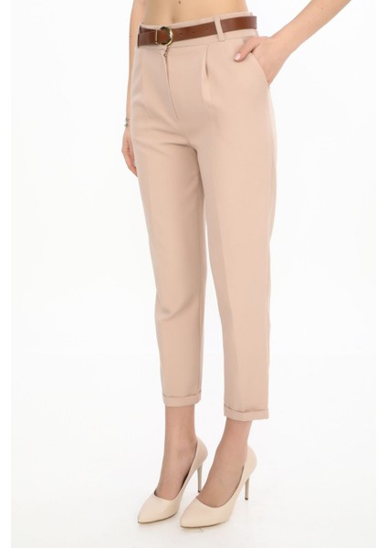 Kemerli Arka Lastikli Tek Pileli Bej Double Paça Kadın Pantolon fiyatları