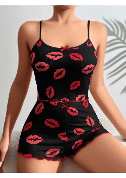 Zengezur Kadın Siyah Dudak Desenli Şortlu Pijama Takımı 5057