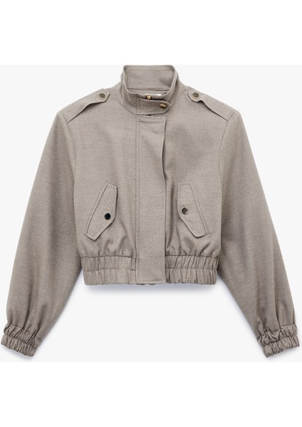 Dik Yaka Uzun Kollu Çıtçıt Düğme Detaylı Fermuarlı Bomber Ceket