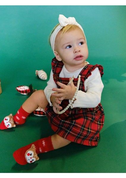 Lcw Baby Kırmızı Ekose Desenli Yılbaşı Temalı Kız Bebek Salopet ve Bluz 2'li Takım