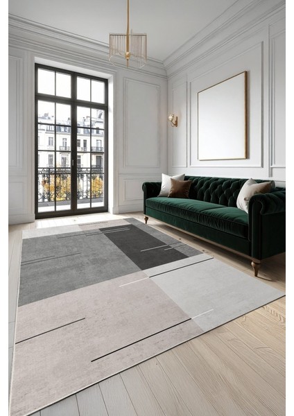 Çizgilerle Düşün, Karelerle Hisset Katmanlı Gri Desenli Kaymaz Taban Halı modelleri