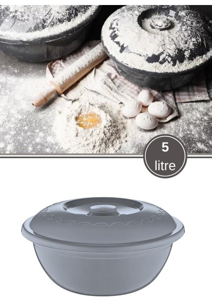 Kapaklı Hamur Leğeni 5 Lt, Çok Amaçlı Pasta Kek Hamur Yoğurma Çırpma Saklama Kabı Un Kutusu Gri