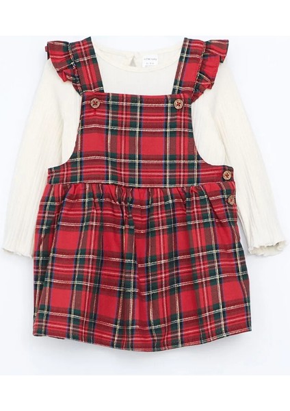 Lcw Baby Kırmızı Ekose Desenli Yılbaşı Temalı Kız Bebek Salopet ve Bluz 2'li Takım