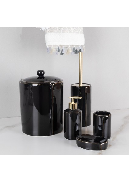 Porselen Siyah Gold Detay Banyo Wc Takımı 5'li Sabunluk Fırçalık Set