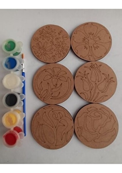 6'lı Ahşap Boyama Bardak Altlığı Seti Farklı Çiçek Desenleri ile Eğlenceli Aktivite