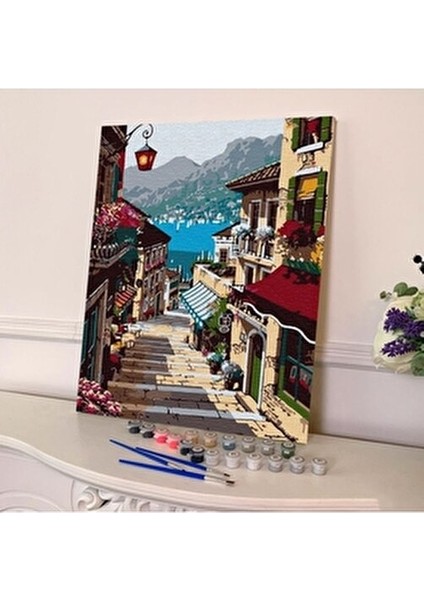 Nostaji Sokak Sayılarla Boyama Seti 40 x 50 cm Renkli Akrelik Boya ve Fırça Seti