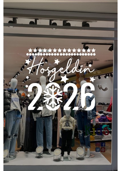 El Yazısı Ile Hoşgeldin 2026 Yazısı ve Kar Tanesi Cam Vitrin Mağaza Süslemeleri - Beyaz