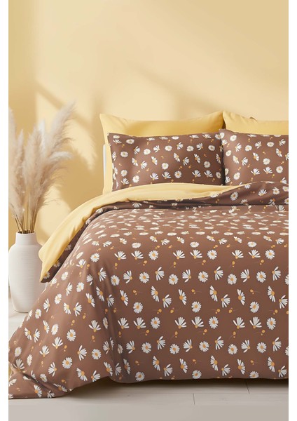 Kahve Papatyalı Çift Kişilik Nevresim Takımı Pamuklu