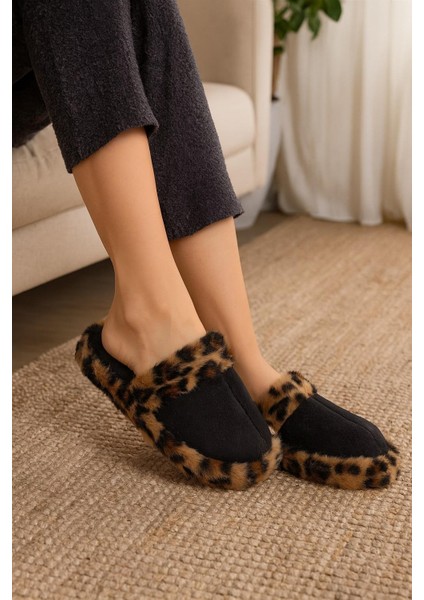 Leopar Desenli Kışlık Sessiz Ev Terliği