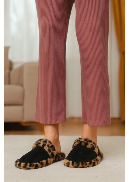 Leopar Desenli Kışlık Sessiz Ev Terliği modelleri