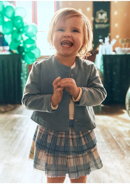 Kız Bebek 3’lü Takım (1-4 Yaş) – Ekru Bluz, Mavi Ceket ve Etek