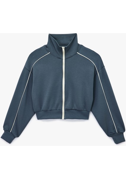 Dik Yaka Viskon Karışımlı Biyeli Fermuarlı Rahat Kalıp Spor Sweatshirt