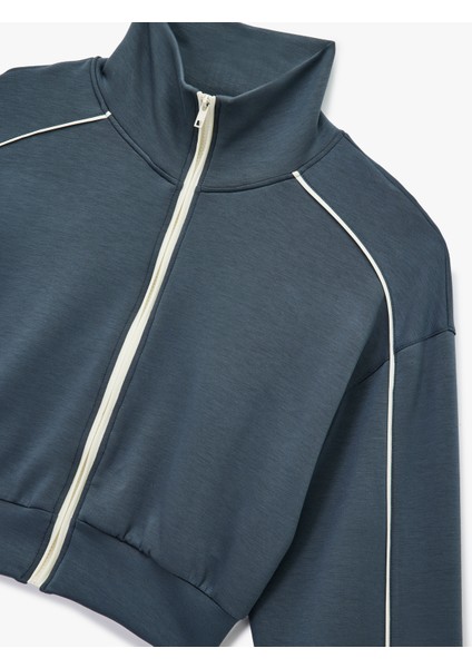 Dik Yaka Viskon Karışımlı Biyeli Fermuarlı Rahat Kalıp Spor Sweatshirt modelleri