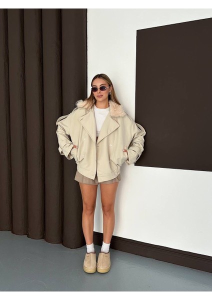Kürk Yaka Bej Bomber Trençkot