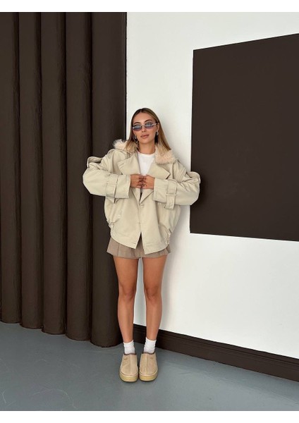 Kürk Yaka Bej Bomber Trençkot fiyatları