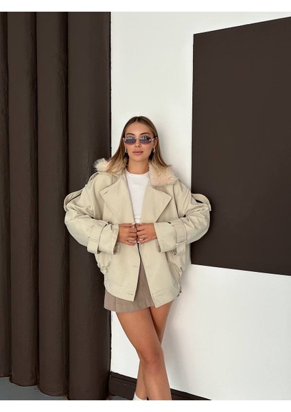 Kürk Yaka Bej Bomber Trençkot modelleri