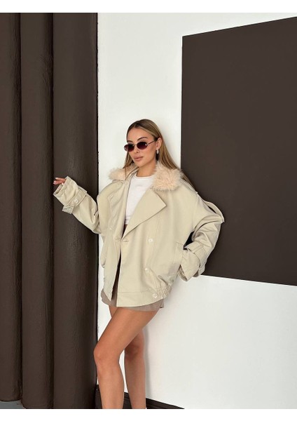 Kürk Yaka Bej Bomber Trençkot fırsatları