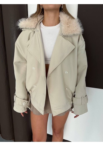 Kürk Yaka Bej Bomber Trençkot