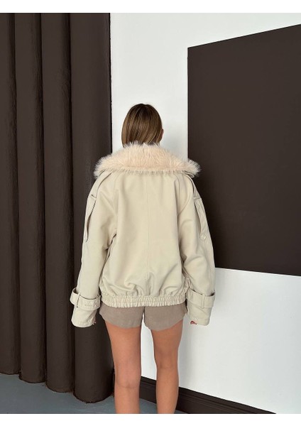 Kürk Yaka Bej Bomber Trençkot