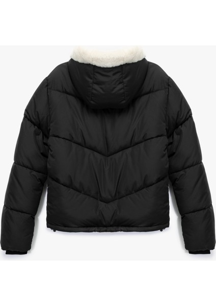 Uzun Kollu Cepli Düğmeli Su Itici Kapüşonlu Içi Suni Kürklü Kısa Şişme Mont fiyatları