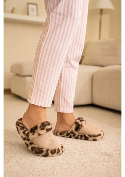 Leopar Desenli Kışlık Sessiz Ev Terliği modelleri