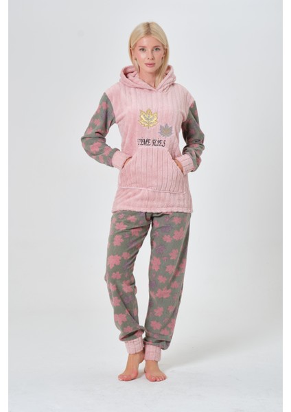 Kışlık Yaprak Desenli Kapüşonlu ve Kanguru Cepli Ikili Polar Peluş Pijama Takım