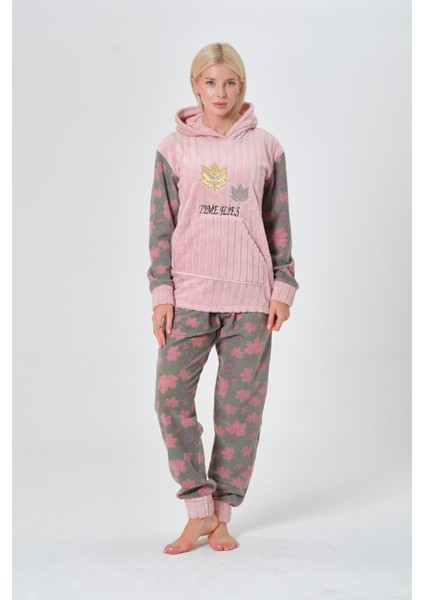 Kışlık Yaprak Desenli Kapüşonlu ve Kanguru Cepli Ikili Polar Peluş Pijama Takım indirimleri