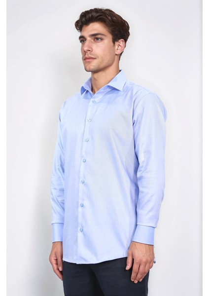 Slim Fit Saten Italyan Yaka Mavi Gömlek fırsatları