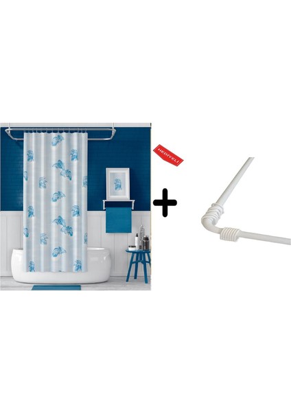 Banyo Perdesi 7085 2X110X200, Perde Borusu Askı Aparatı Köşe Boru Beyaz Hediyeli, Duş Perdesi Seti