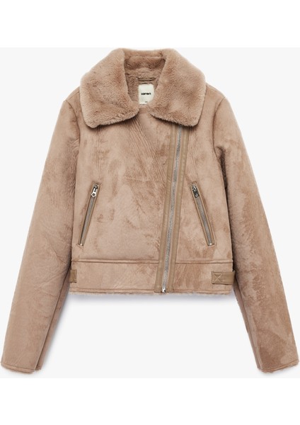 Kruvaze Yaka Uzun Kollu Fermuarlı Cepli Suni Kürk Yaka Crop Suni Süet Ceket fırsatları