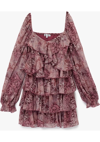 Uzun Balon Kollu V Yaka Katlı Fırfırlı Çiçekli Şifon Mini Elbise modelleri