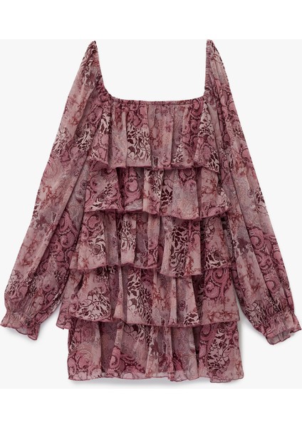 Uzun Balon Kollu V Yaka Katlı Fırfırlı Çiçekli Şifon Mini Elbise fırsatları