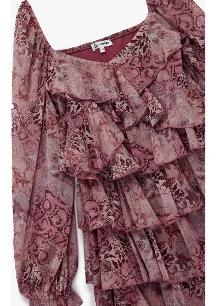 Uzun Balon Kollu V Yaka Katlı Fırfırlı Çiçekli Şifon Mini Elbise indirimleri