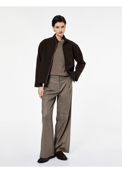 Dik Yaka Uzun Kollu Fermuarlı Kaşe Ceket