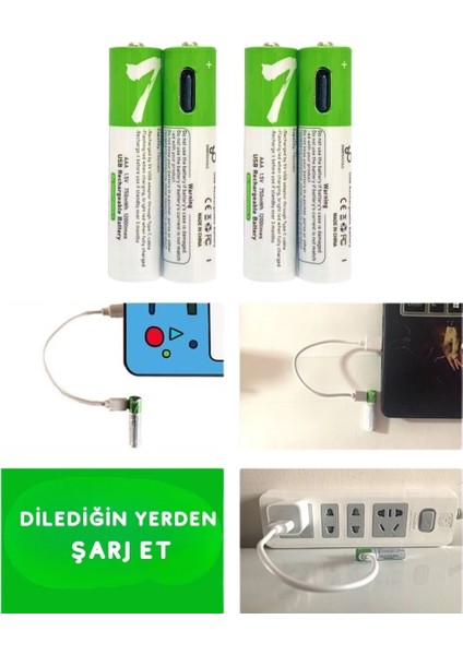 USB Type-C Şarjlı 4 Adet Aaa 1.5V Lityum Kalem Pil 750MAH Uzun Ömürlü modelleri