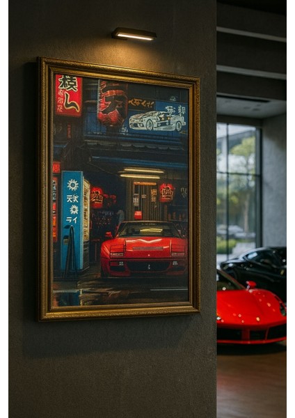 Tokyo Drift Nights – Neon Sokak ve Kırmızı Spor Araba Duvar Tablosu (Çerçeveli)