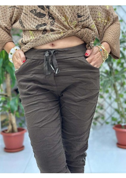 NC50208A İtalyan Yanlar Taşlı Coton Pantolon Kahverengi fiyatları