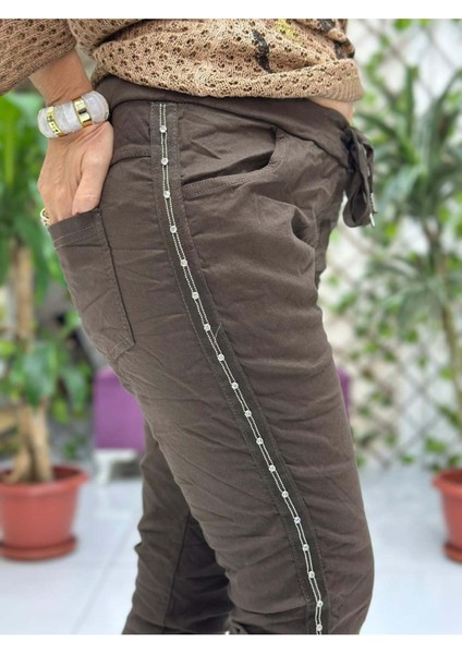 NC50208A İtalyan Yanlar Taşlı Coton Pantolon Kahverengi